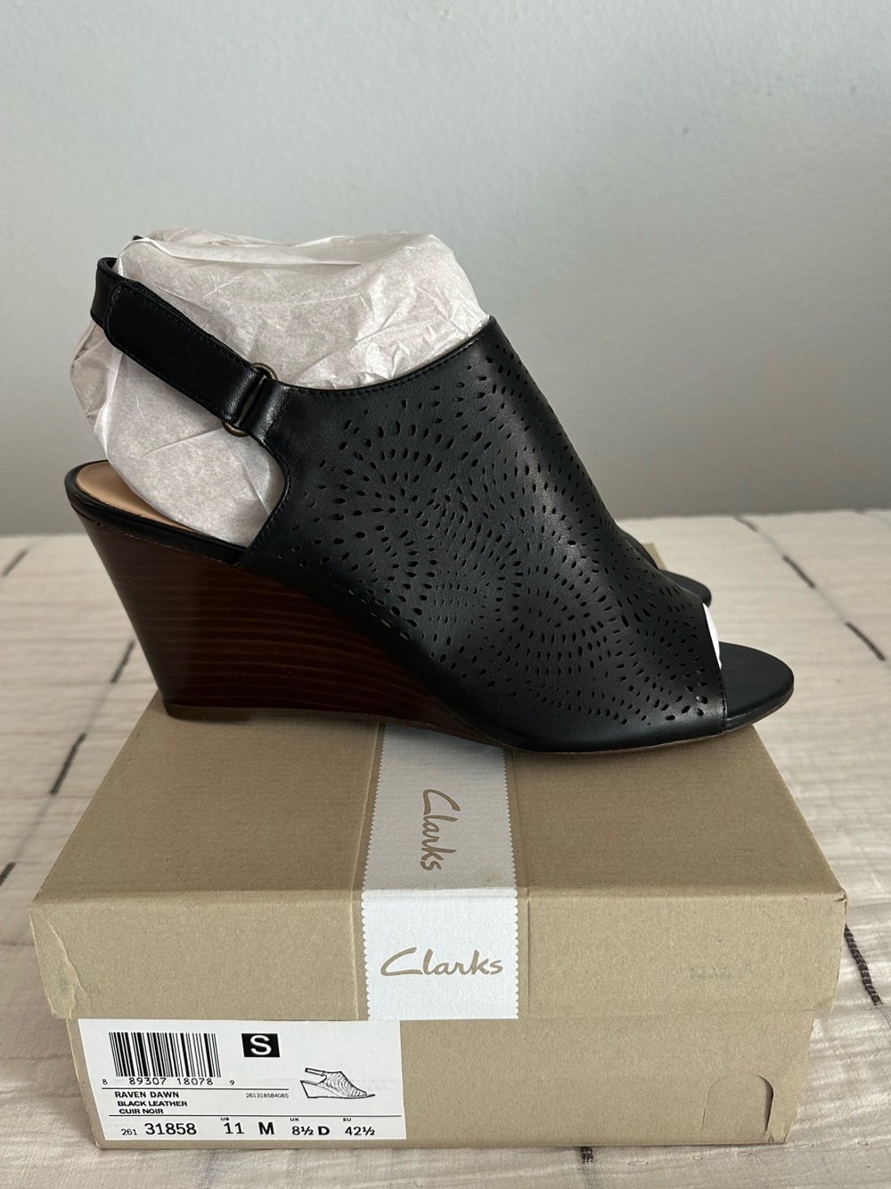 Clarks Raven Dawn Black Leather Perforated Peep-Toe Wedge Sandals